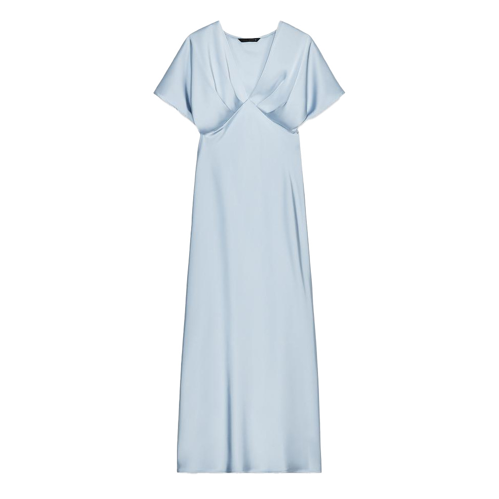 V-neck short sleeved waist cinched silk texture long dress for women