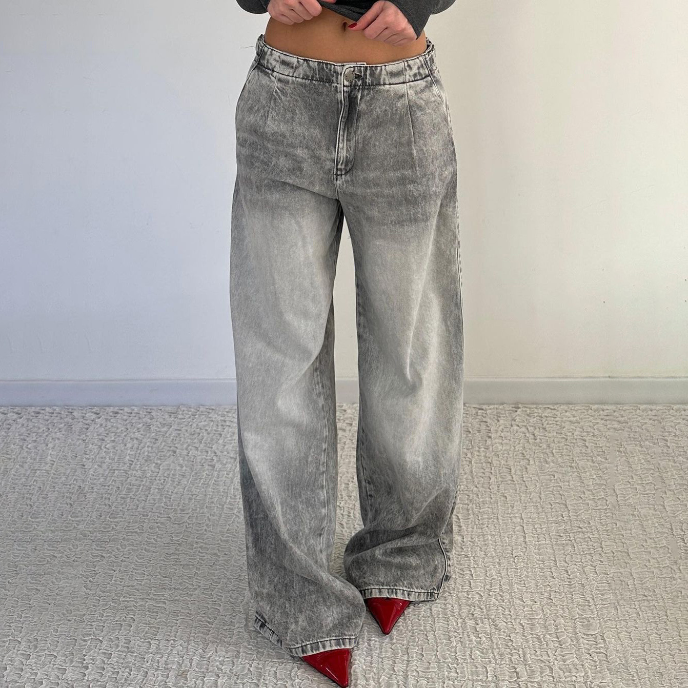 Low Waist Distressed Denim Trousers Street Retro Washed Wide Leg Jeans for Women