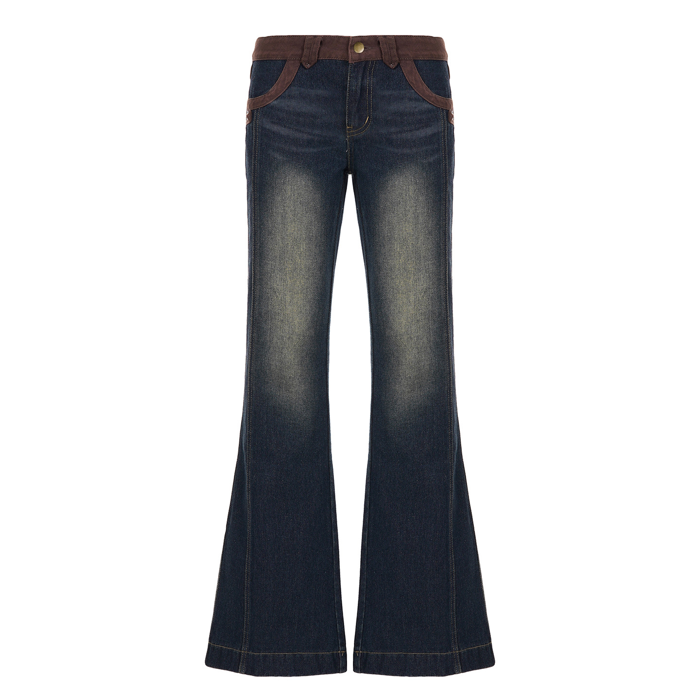 Street Motorcycle Retro Style Patchwork Color Block Flare Denim Pants Slim Fit Casual Long Trousers