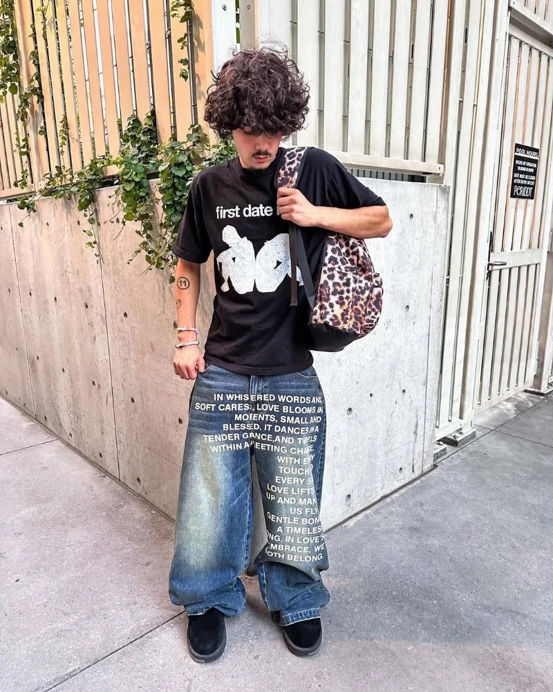 Style Retro Street Hip Hop Wide Leg Jeans with Water Washed Letter Print for Men Loose Long Pants Trendy