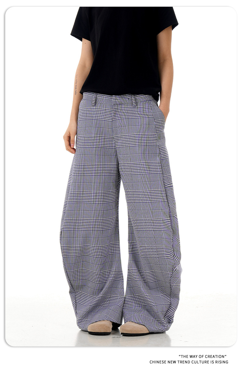 Blue Coffee Plaid Casual Pants Summer Loose Wide Leg Trousers