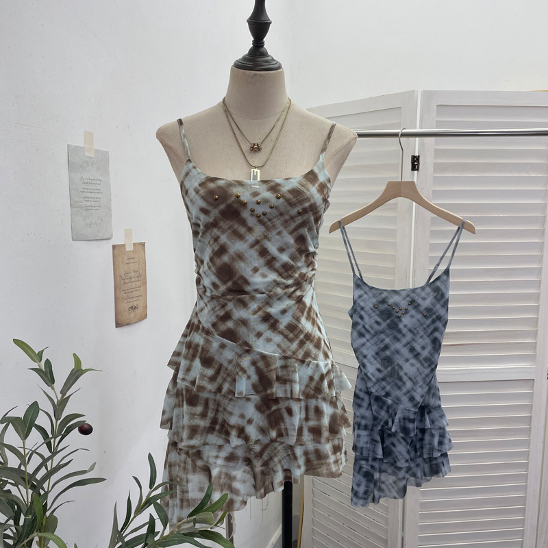 Irregular Rivet Mesh Camisole Dress with Ruffle Strap Sleeveless Top