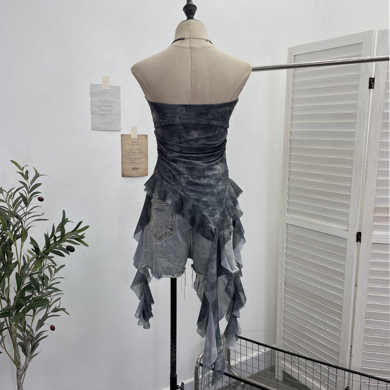 Sultry Asymmetric Plaid Mesh Strapless Top