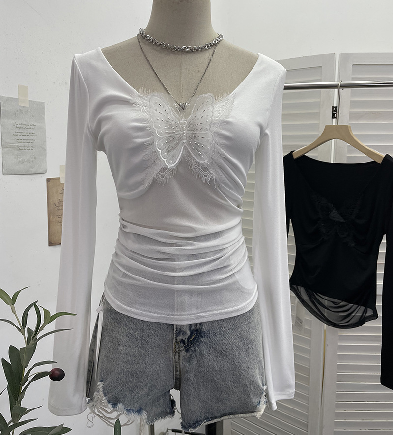 Full Sleeve V-Neck Openwork Slim Fit Tee