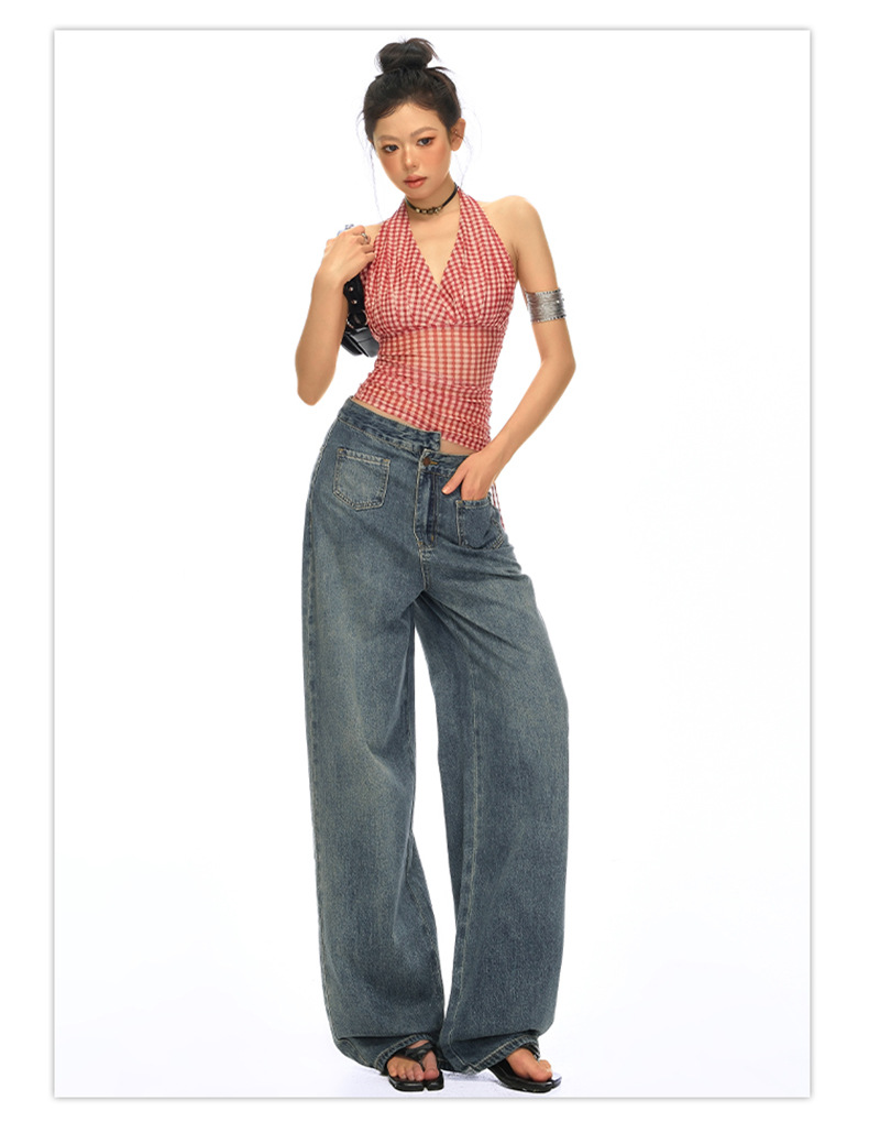 Blue High-Waisted Straight Leg Jeans for Women Loose Wide-Leg Pants Summer