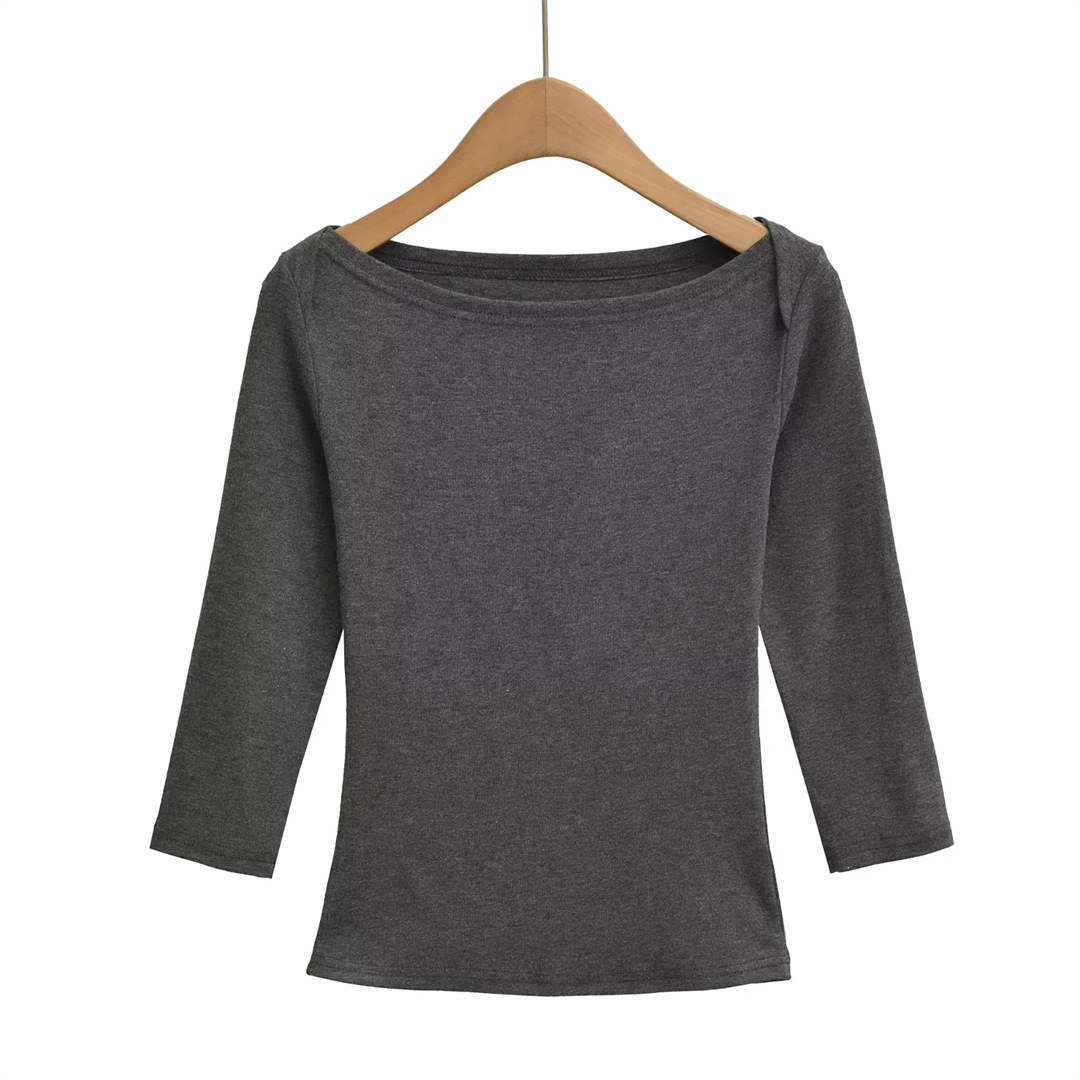 Slim Fit Plain Asymmetric Neck Elbow-Length Midriff Tee