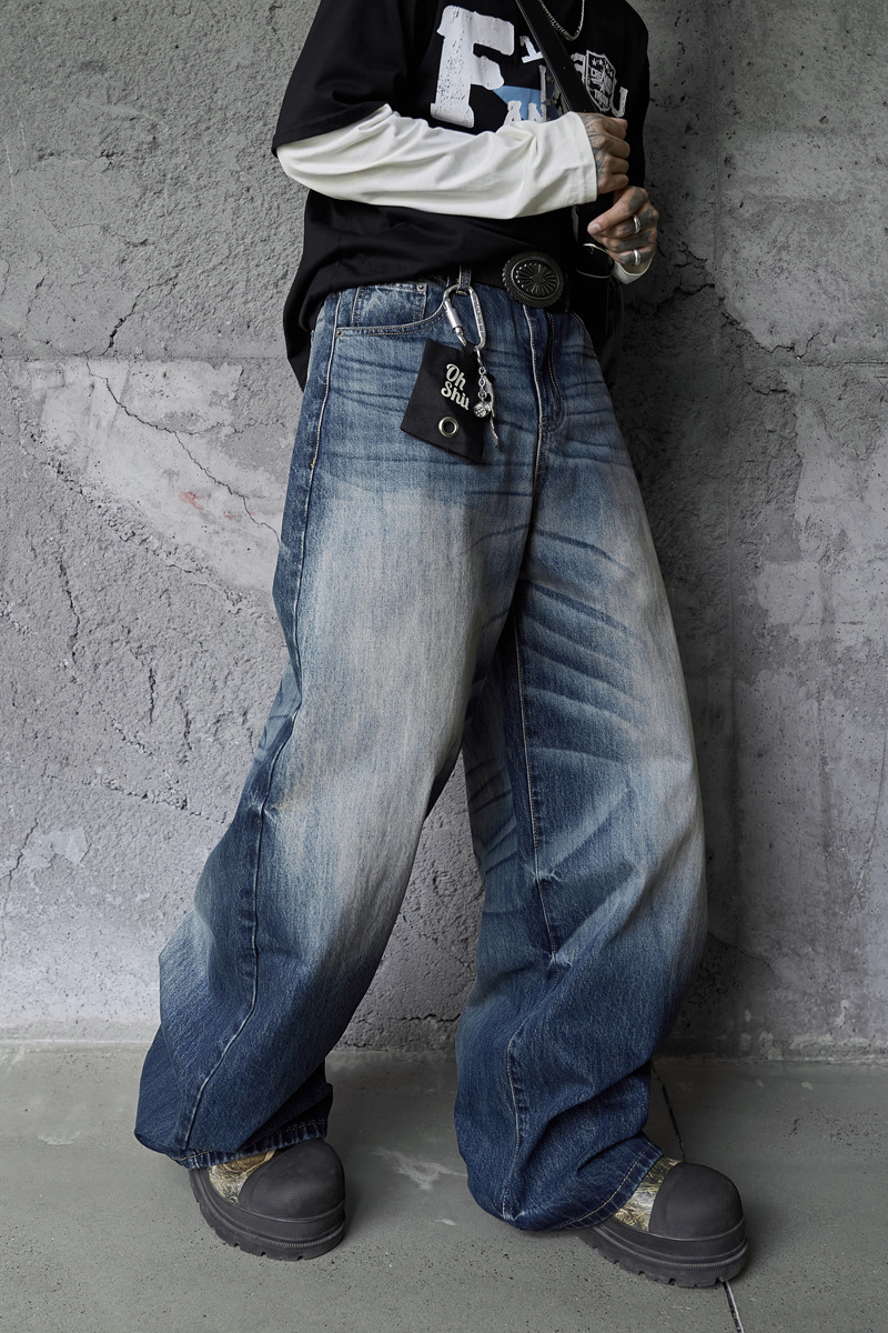 Vintage High-Quality INS Denim Pants Men High Street Washed Gradient Distressed Catwhisker Minimalist Wide-Leg Straight Leg Pants