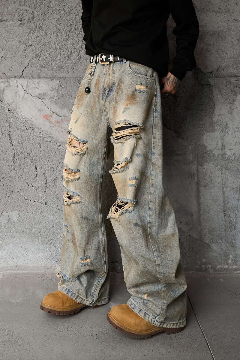Style Casual Knife-Shape Pants Men Loose Straight Leg Distressed Autumn Fashion Vintage Ripped Jeans