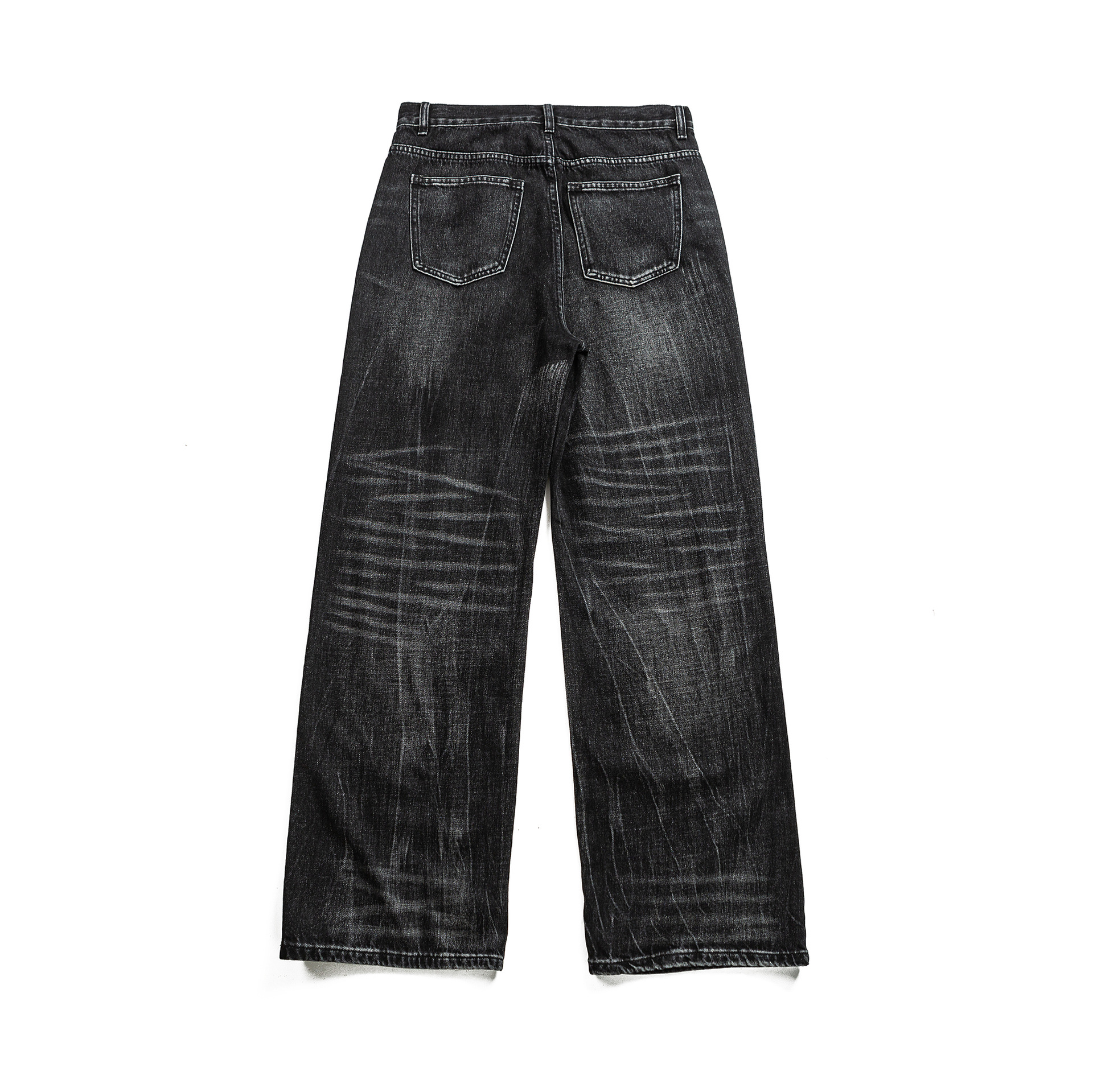 Lightning Crack Pattern Distressed Washed Denim High Waist Zipper Jeans