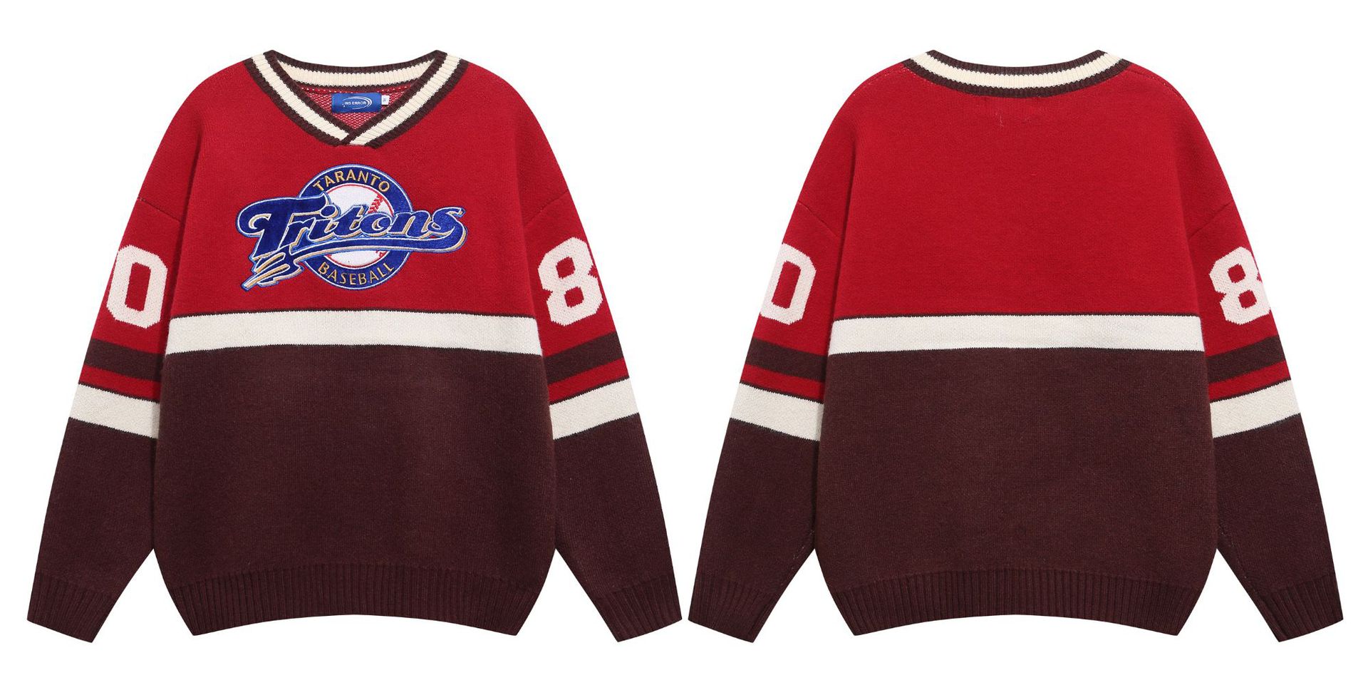 Color-Block Letter Embroidery Couple V-Neck Sweater Lazy Oversize Knitwear