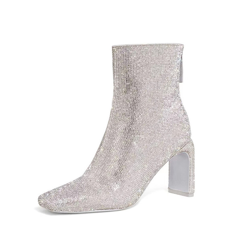 processing time:15-20 days after placing orders--European and American Designer Brand Full Diamond High Heel Zippered Short Boots for Women's Fashion Runway Shoess