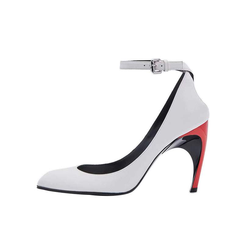 White leather pointed shallow mouth irregular heel shoes, new European and American style color blocking belt buckle hollow