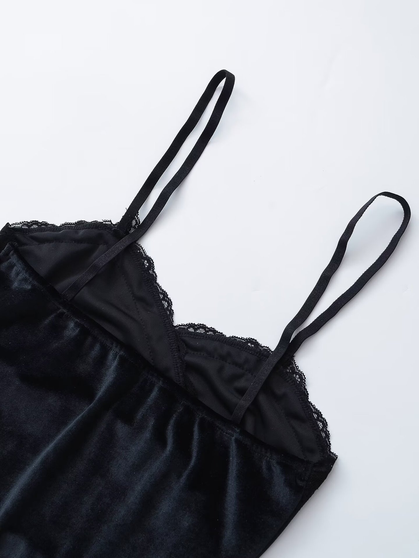 Cross-Over Lapel Velvet Spliced Lace Trim Sexy Camisole