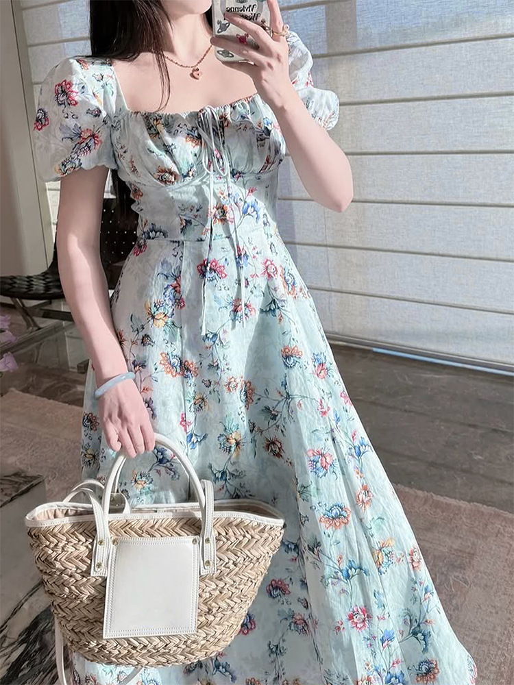 Short Puff Shoulder Botanical Maxi Dress