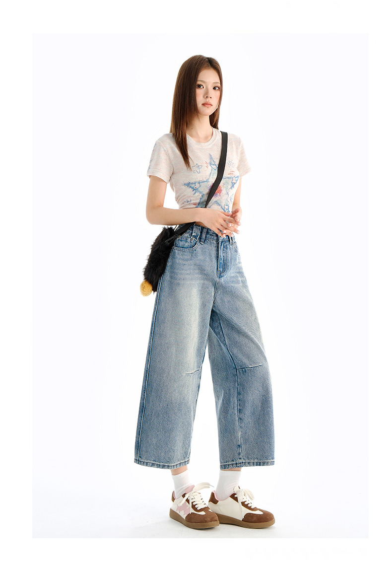 Vintage Washed Calf-Length Denim Pants for Women with Pleated Design, High-Waisted Straight-Leg Wide-Leg Trousers