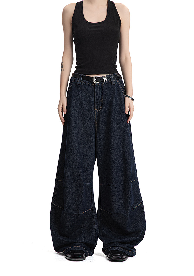 Jeans with Double Knee Tucks Vintage Baggy Deep Blue Denim Pants for Men and Women