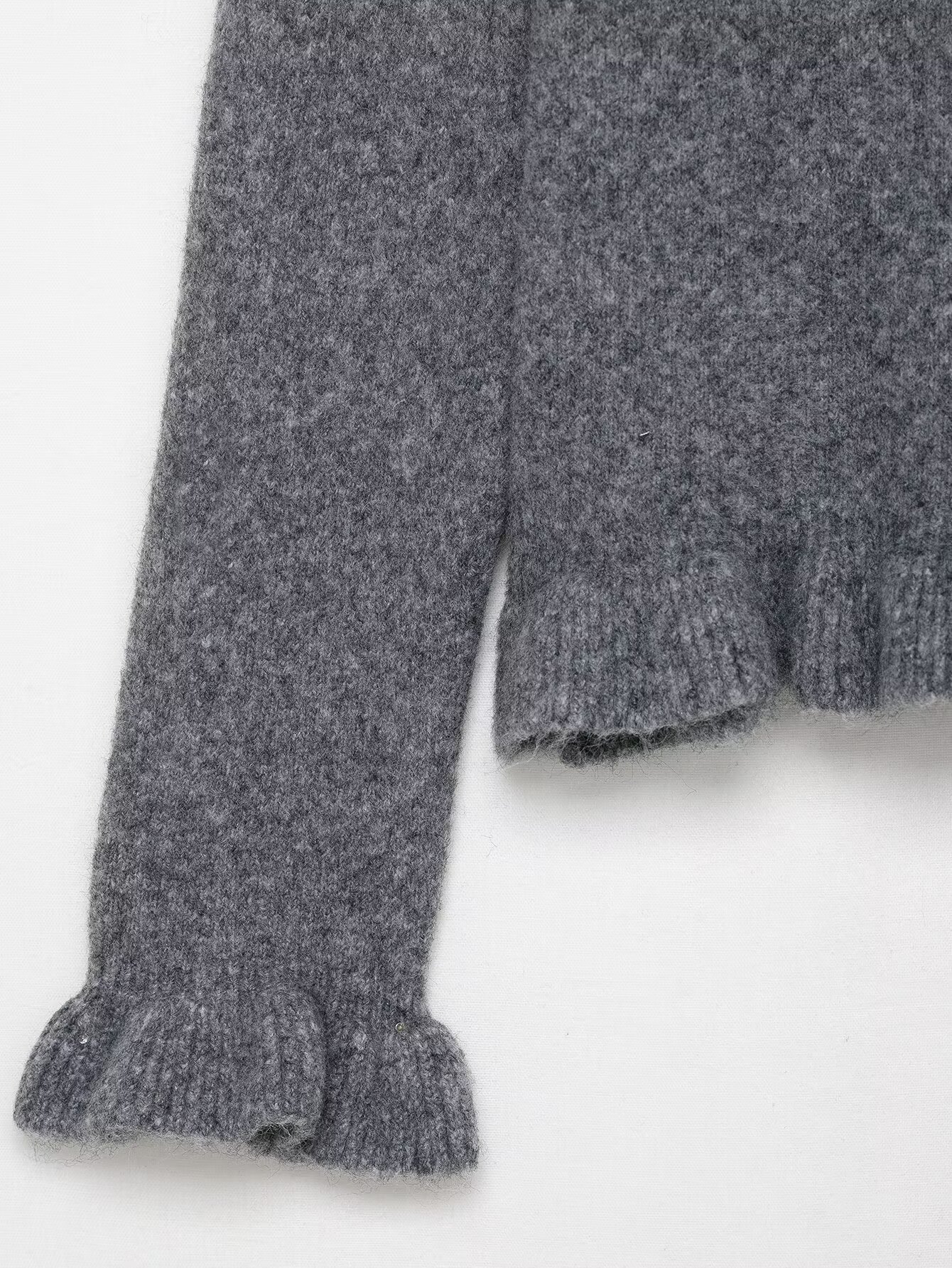 Ladies Charcoal Ruffle One-Button Flip Collar Sweater