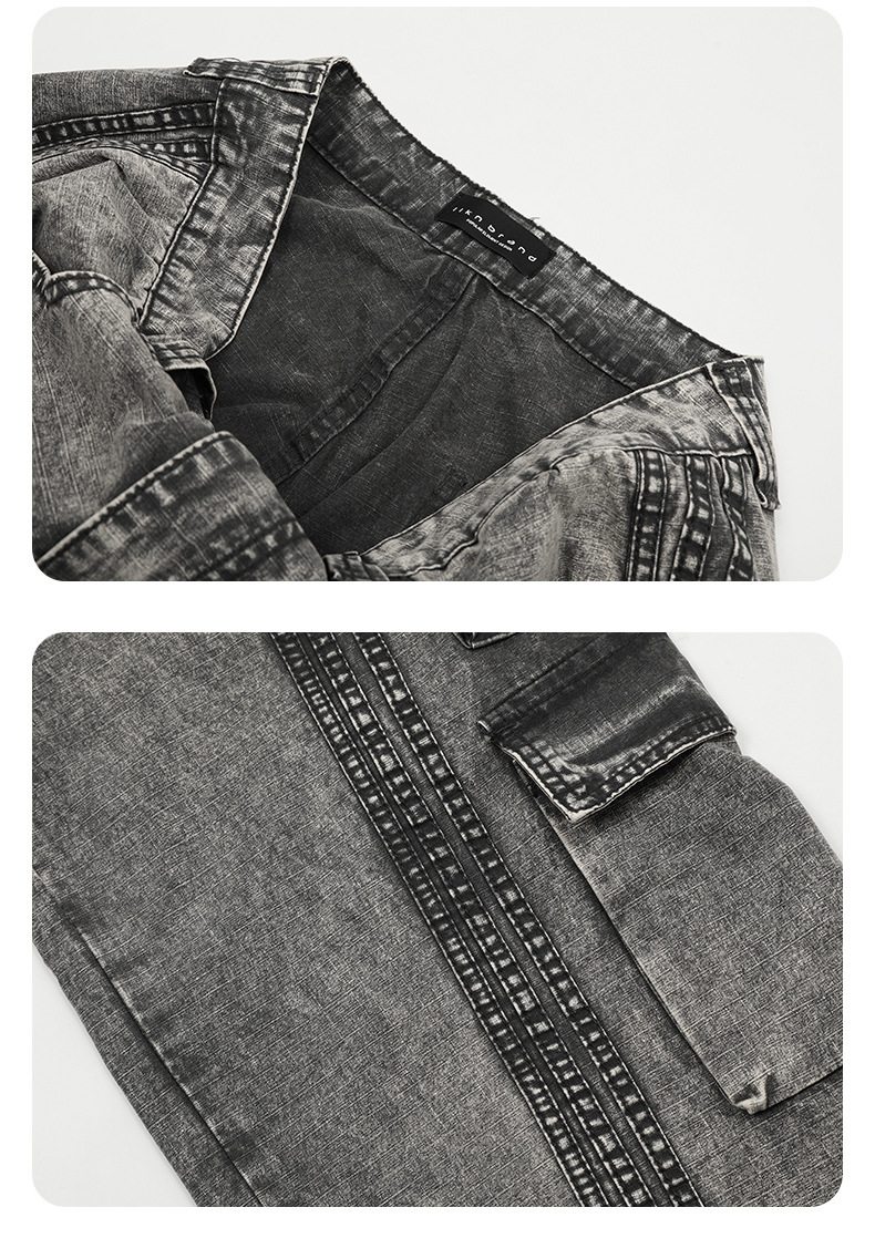 Washed Gray Workwear Jeans with Multiple Pockets for Men and Women