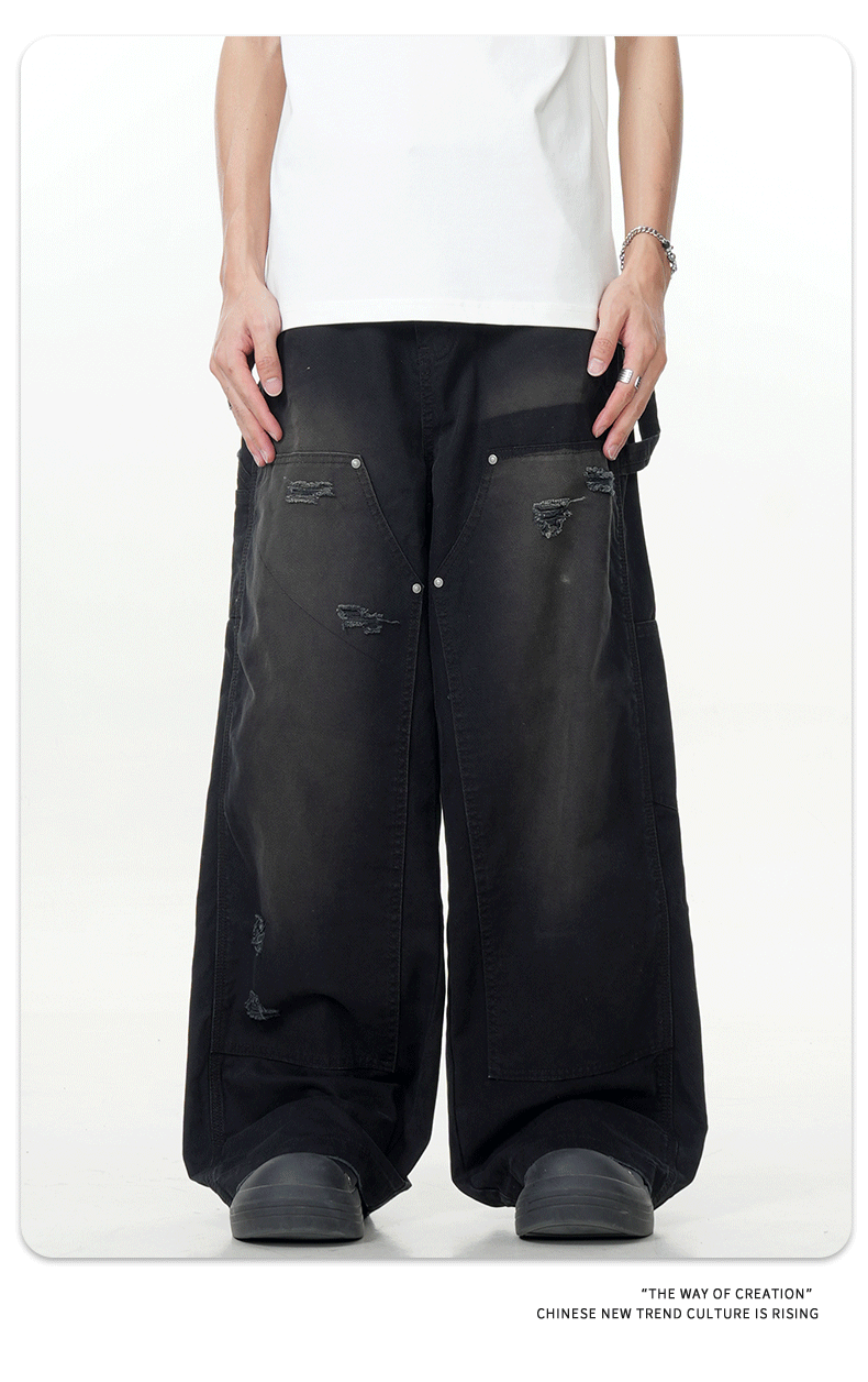 Ripped Slim Fit Loose Wide-Leg Straight Casual Denim Trousers