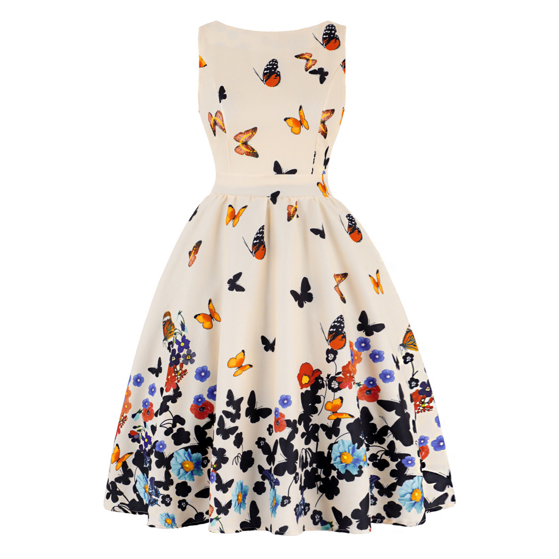 V-Neck Sleeveless High-Rise Flared Vintage Retro Patterned Dress