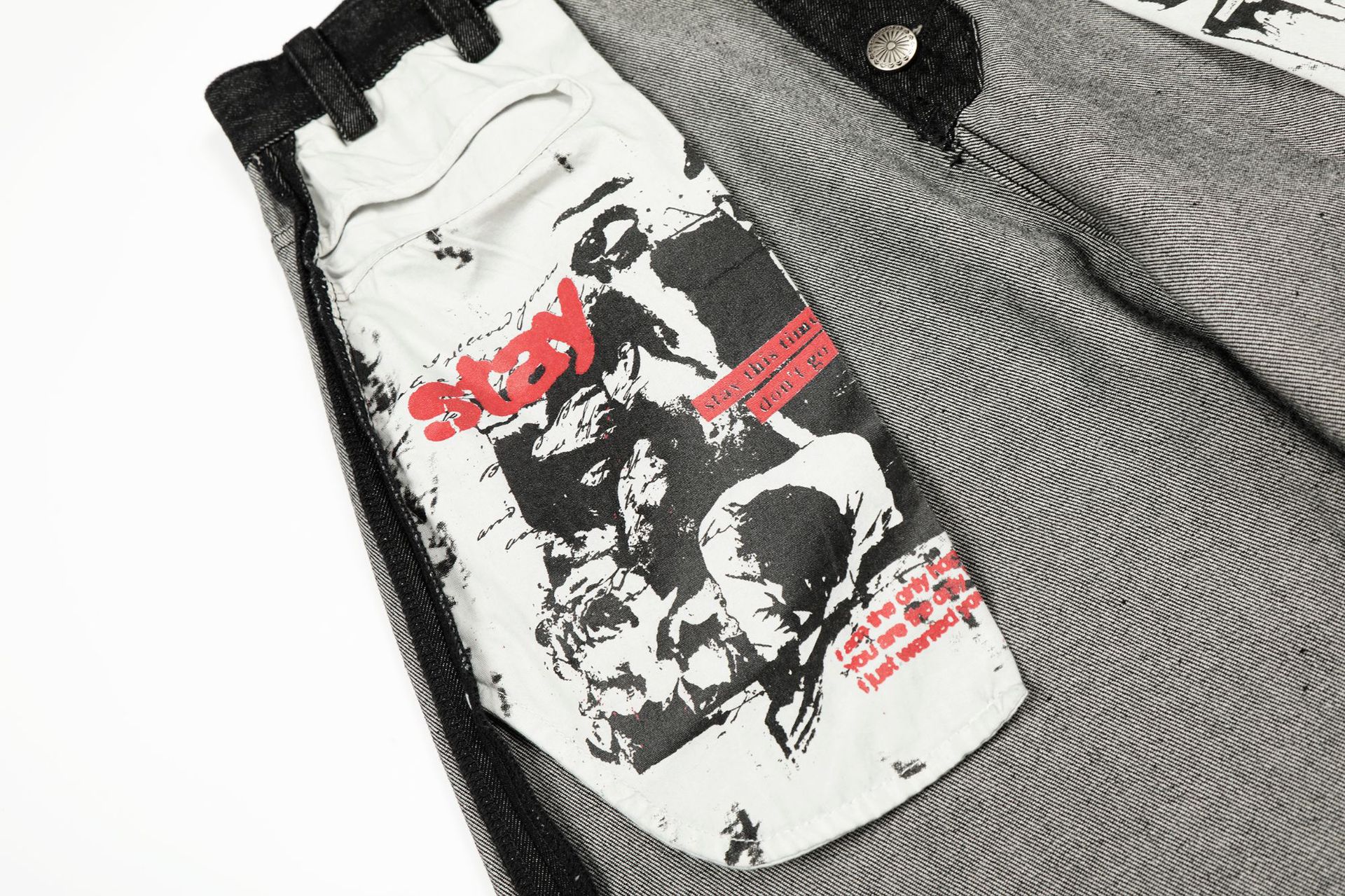 Street Style Printed Deconstructed Asymmetrical Design Loose Fit Unisex Jeans