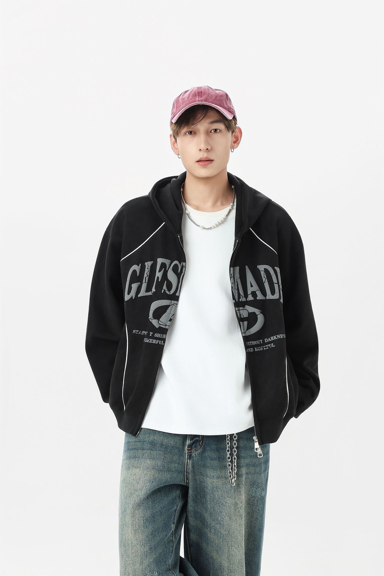 Loose Streetwear Patterned Hood Zipper Sweatshirt