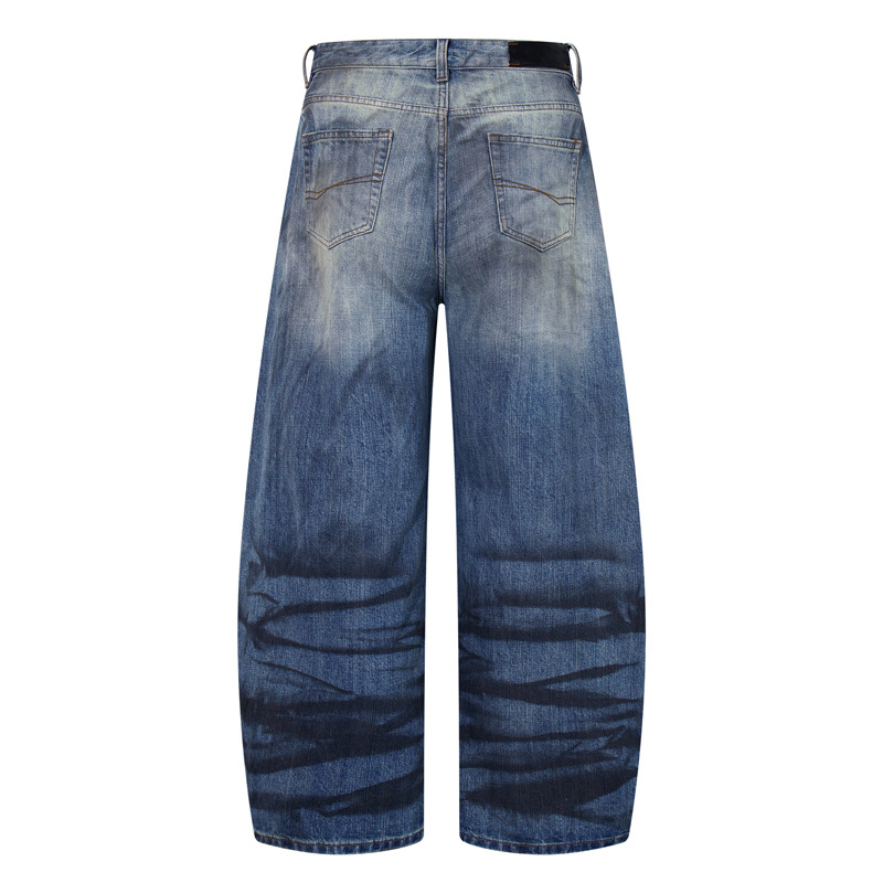 Street Style Vintage Distressed Washed Knife-Edge Denim Pants, Hip-Hop Casual Loose Ripped Straight Leg Jeans