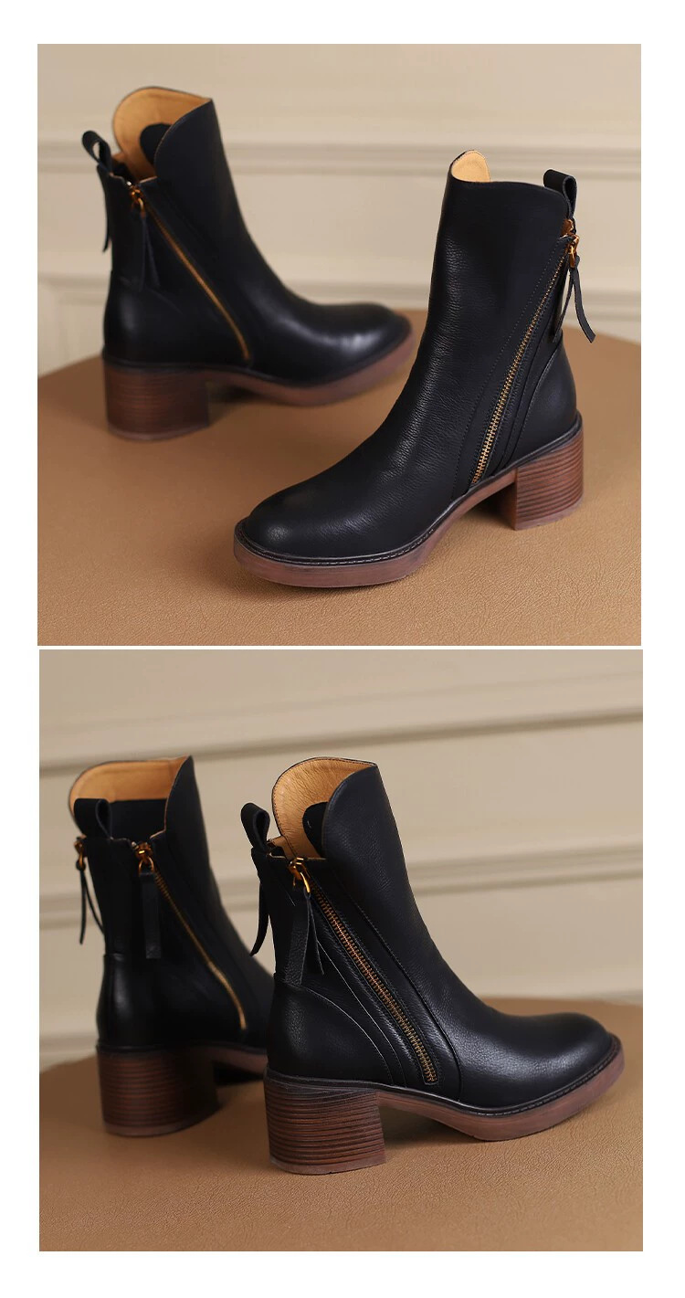 Round headed double zipper thick heel sponge bottom brown retro Martin boots for women