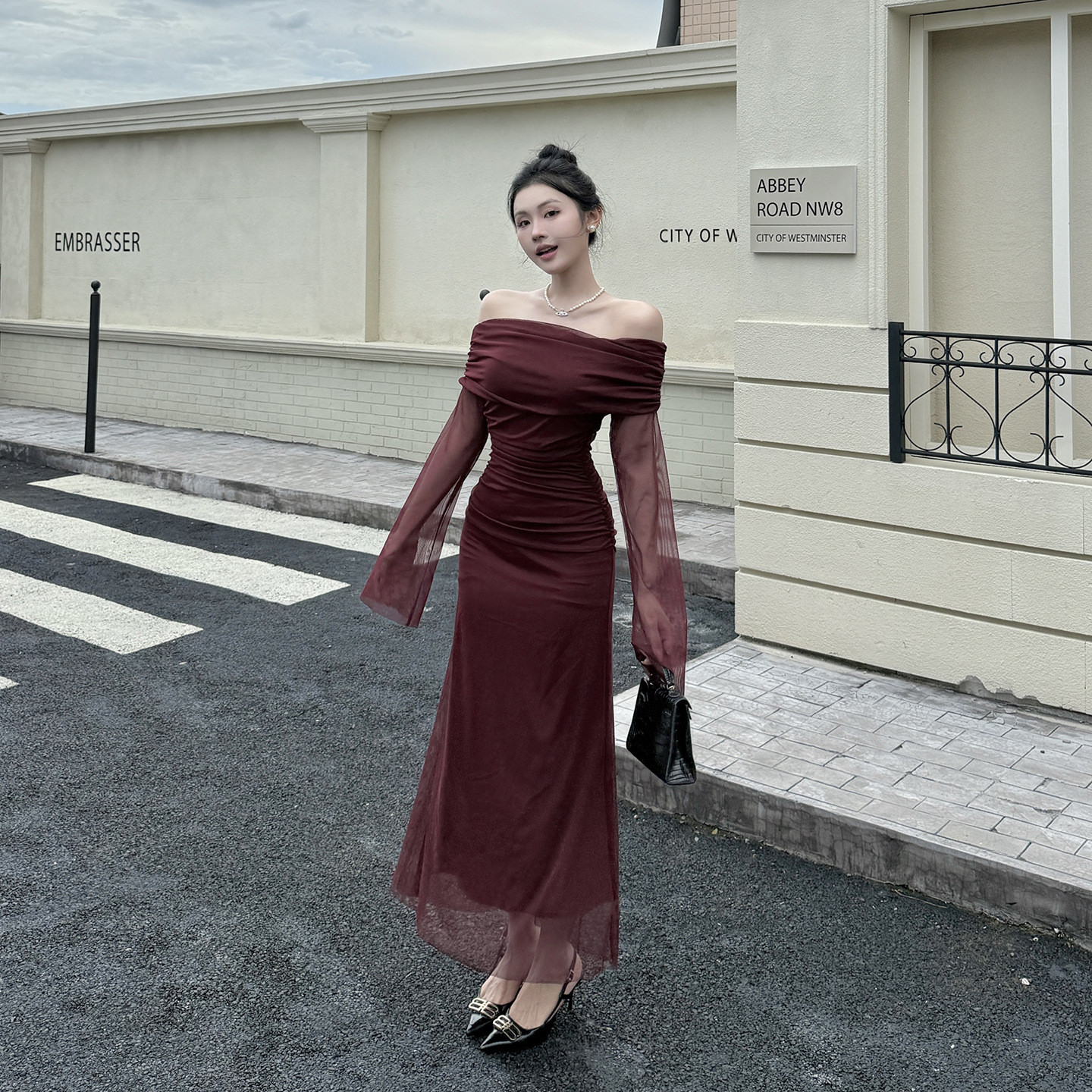 Asymmetric Neckline Three Quarter Sleeve Spandex Pencil Dress