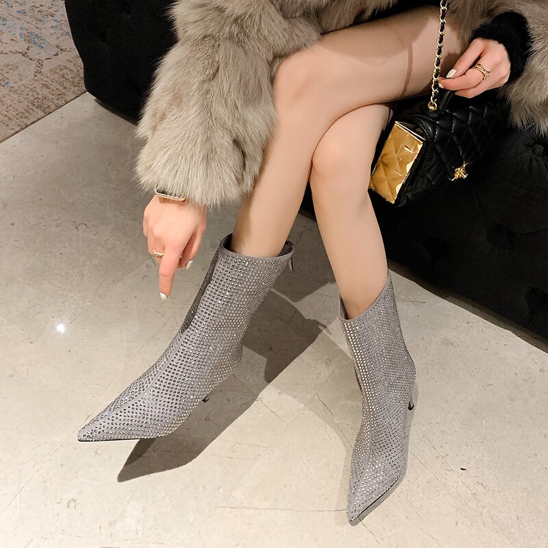 Women's Rhinestone High Heel Booties Fall New Pointed Toe Mid Boots 8.5cm High Heel Black Rhinestone Side Zipper Boots Size 39