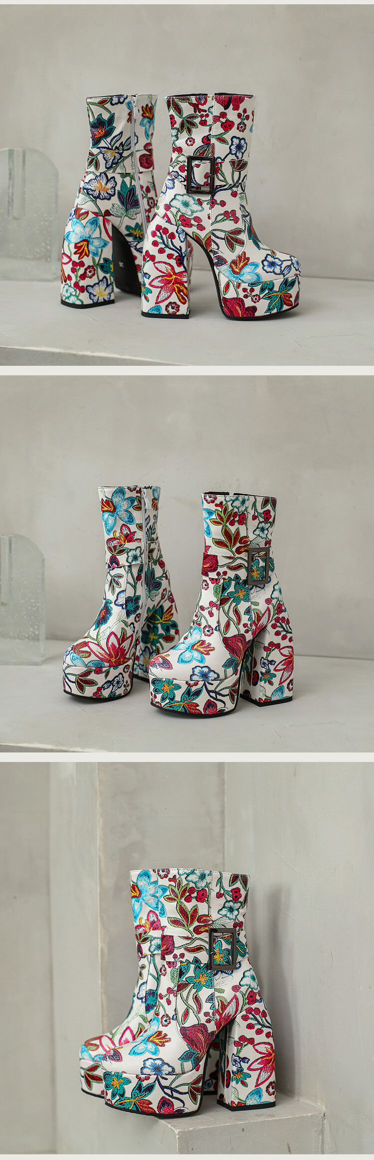 Women's Winter New Fashion Embroidery Pattern Thickened High-heeled Thick-bottomed Round Toe Side Zipper Ankle Boots