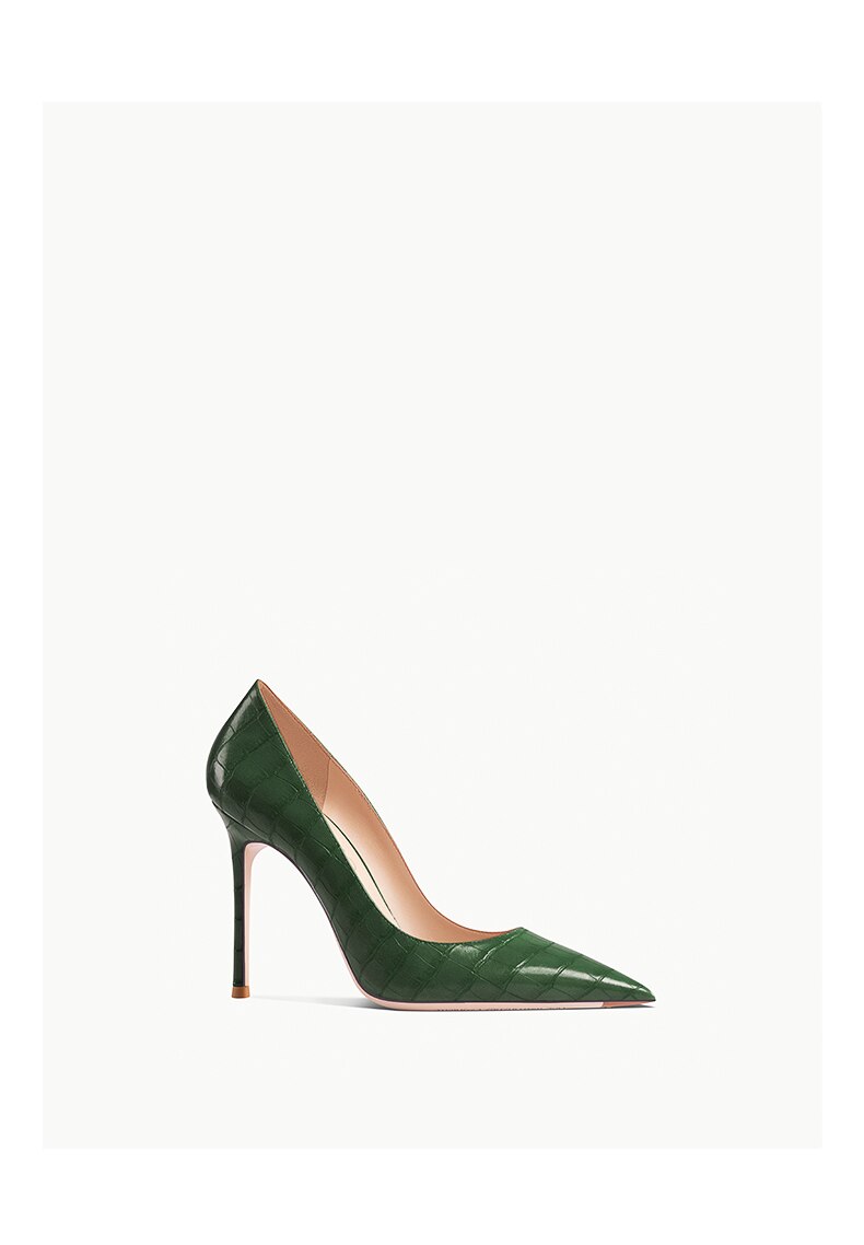 Early Autumn New Pointy High Heel Shoes Women's Thin Heel Shallow Patent Leather Single Shoes French Texture Large Green Shoes