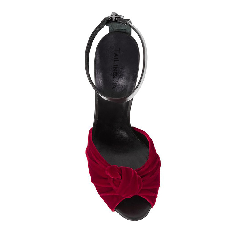 European and American Womens Red Black Velvet Knotted High Heels Sandals, Oversized Fashion Shoes