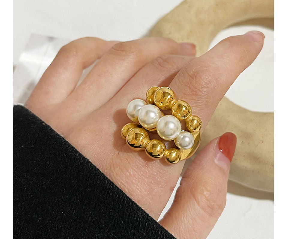 High-grade multi-layer beaded pearl titanium steel ring female retro temperament pearl ring