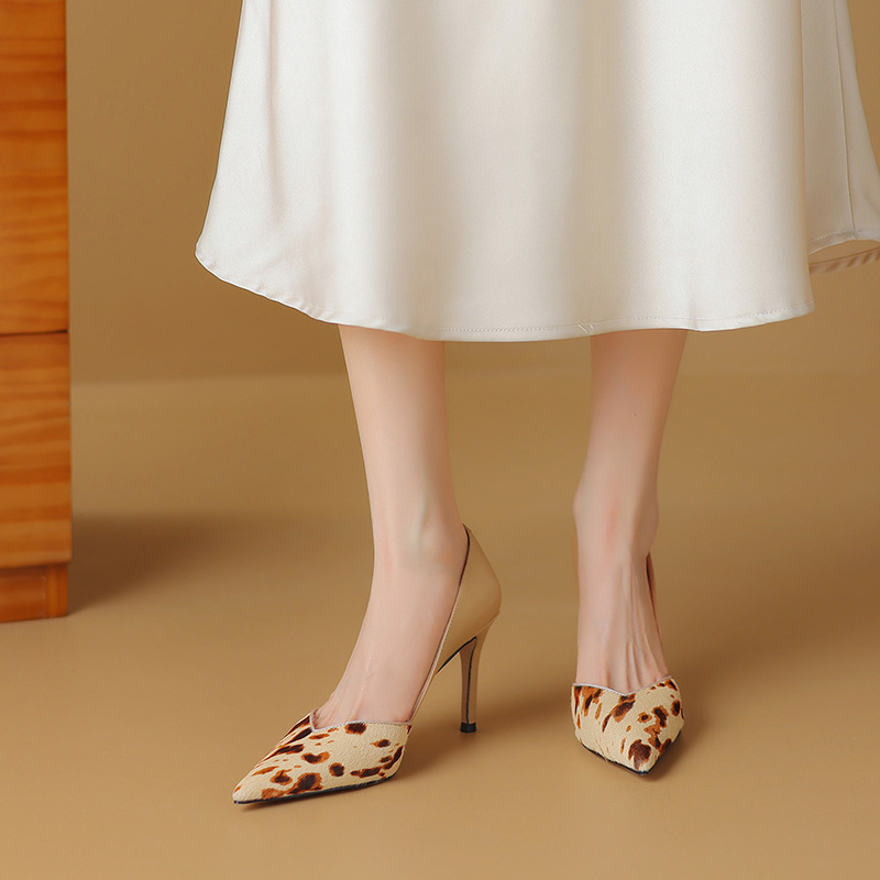Pointed thin high heels, color blocking horse hair, sexy spicy mom, banquet single shoes for women