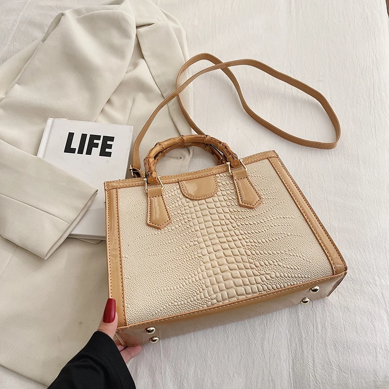 High Quality Leather Shoulder Bag For Women Luxury Alligator Handbag Designer Women Bag Retro Bamboo Handle Tote Bag Female