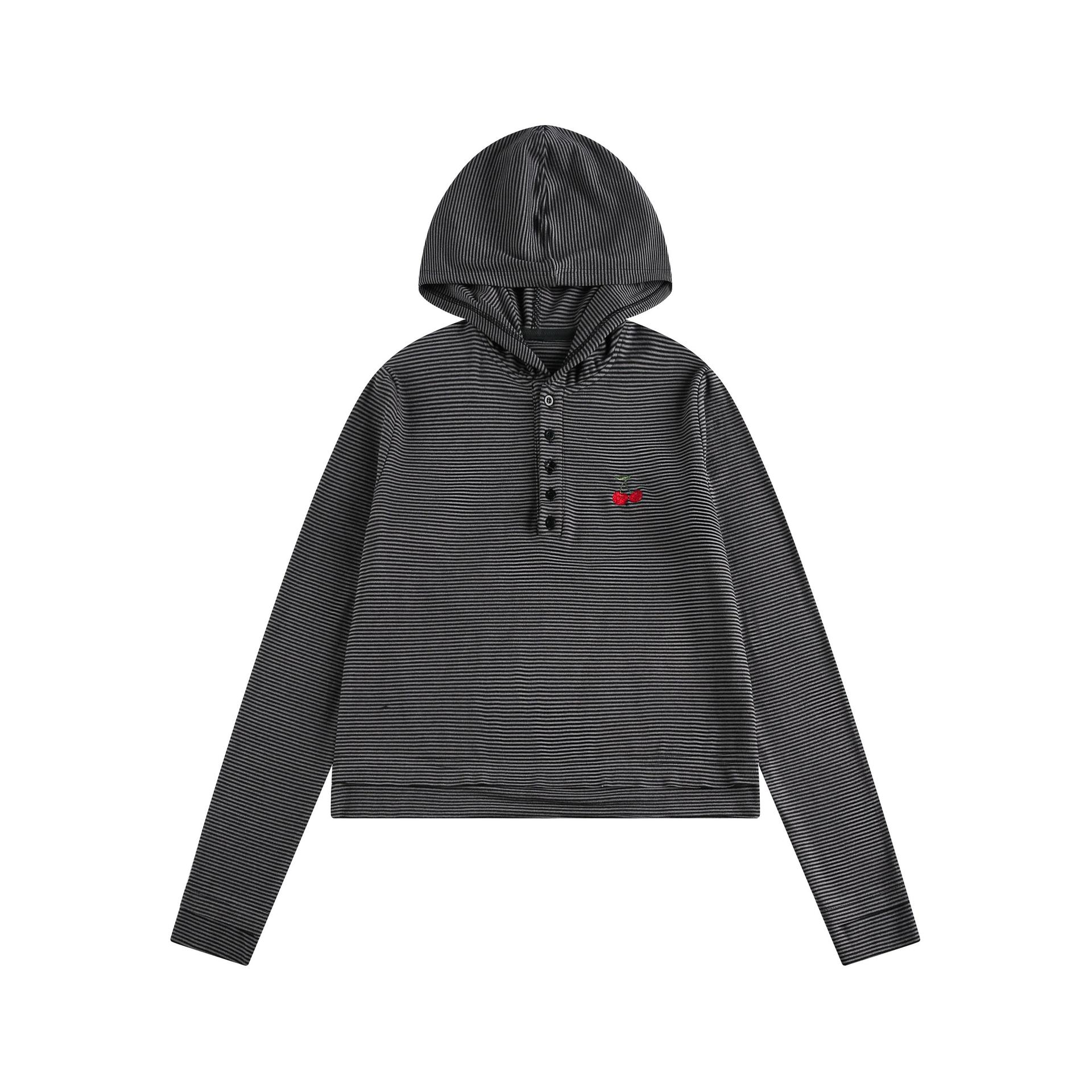 Retro Banded Fruit Applique Long Sleeve Hoodie