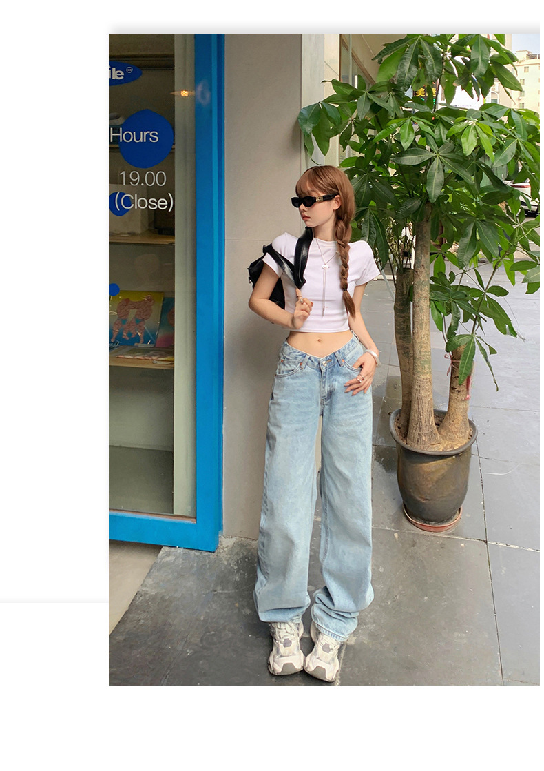 Washed Blue V-neck Waist Straight Leg Jeans Women Loose Slimming High-waisted Versatile Drape Floor-length Pants