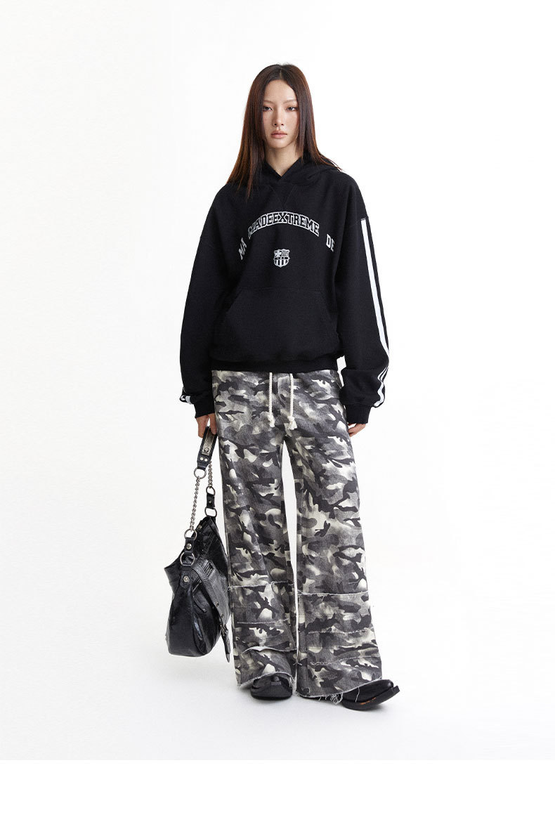 Vintage Letter Print Loose Fit Casual Hooded Sweatshirt