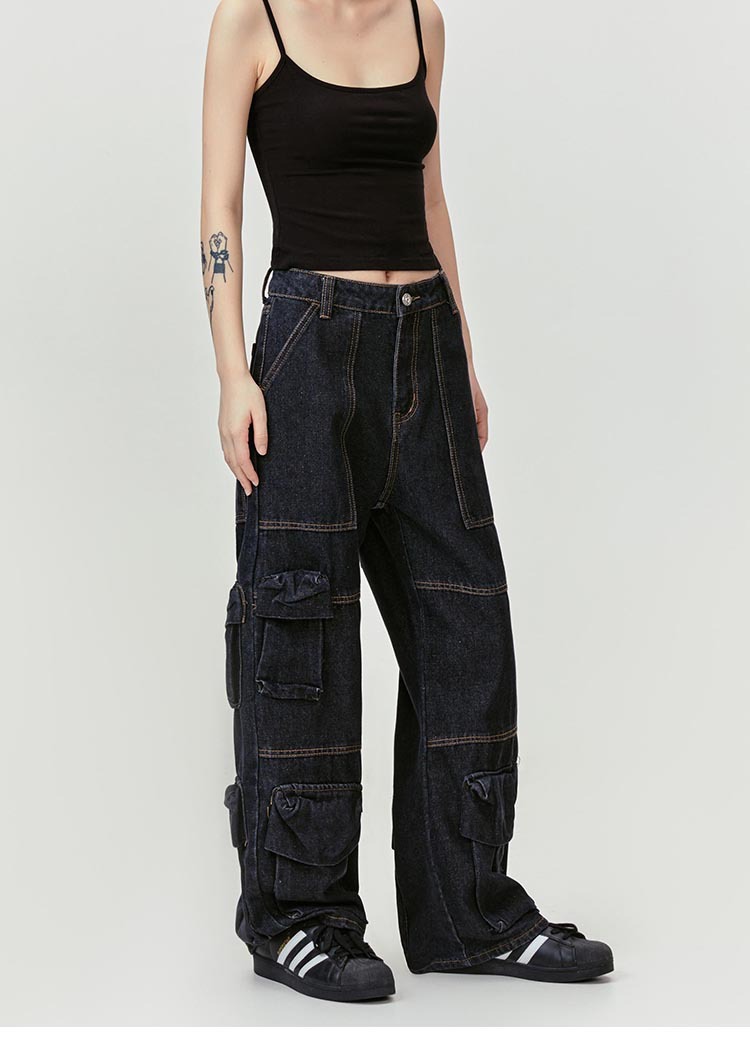 Washed Leg White Faded Multi-Pocket Straight Tapered Jeans Long Pants