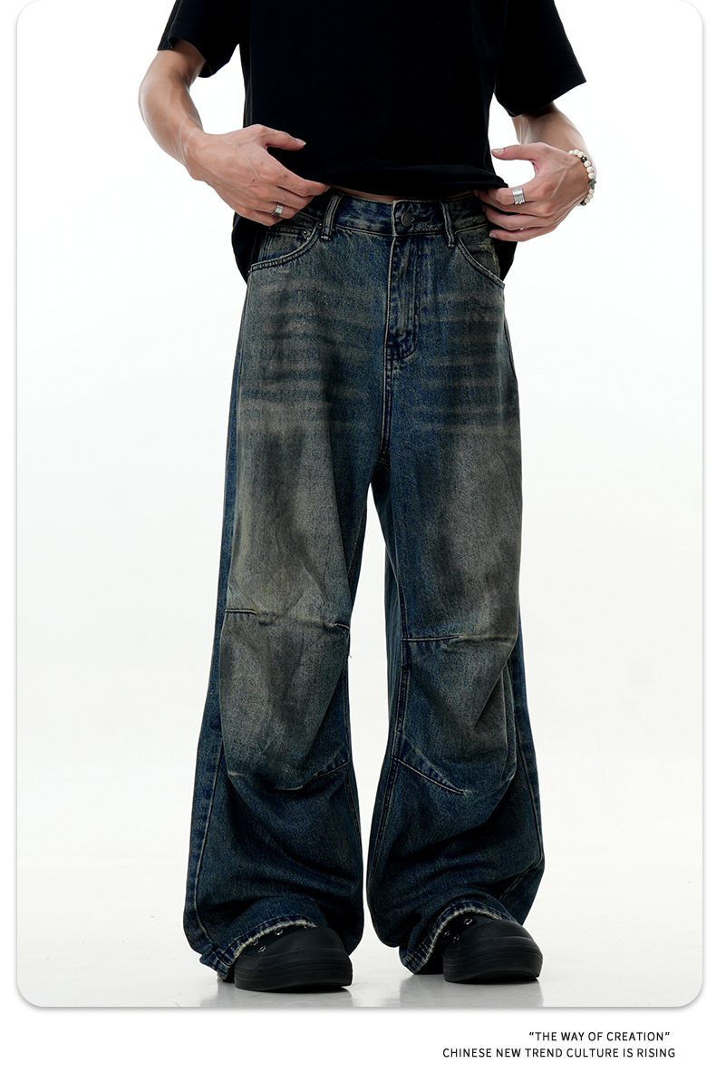 Distressed Pleated Denim Pants for Men and Women Straight Loose Casual Slim Wide-Leg Long Pants