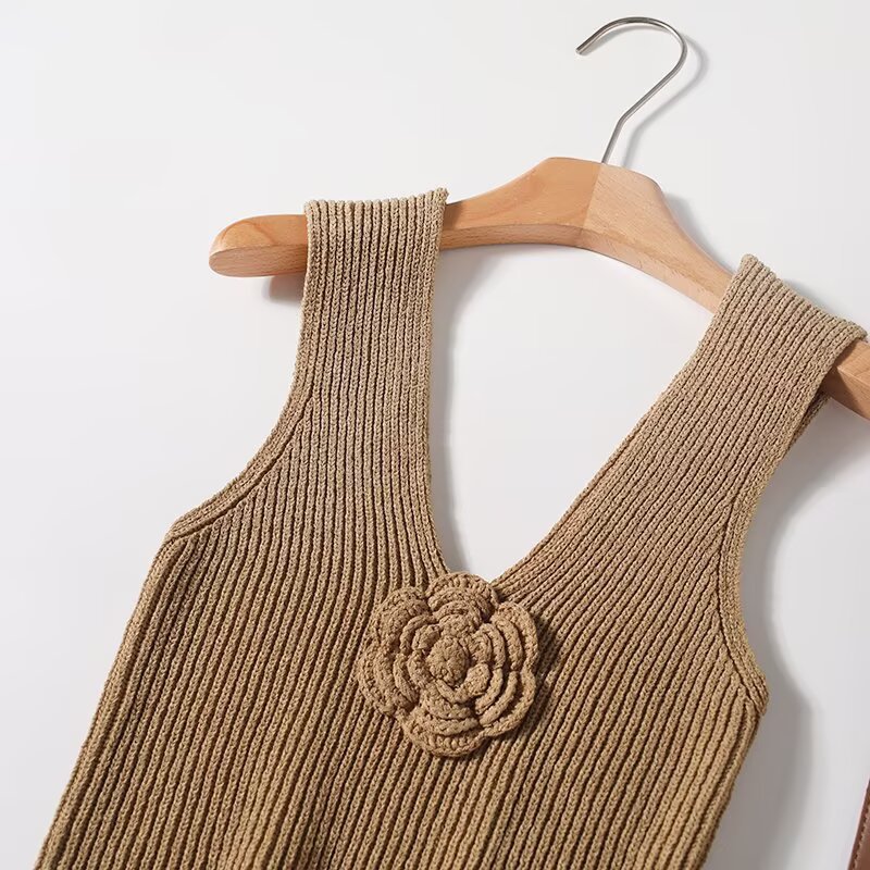 Ladies Plunging Sleeveless 3D Floral Knit Vest