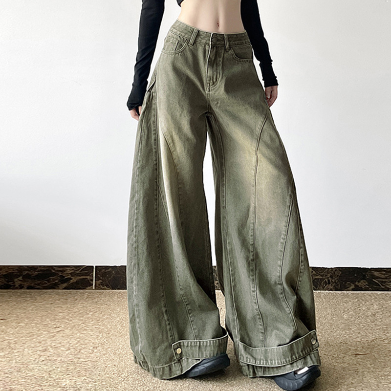 Washed curved knife women's autumn and winter loose fitting patchwork wide leg jeans