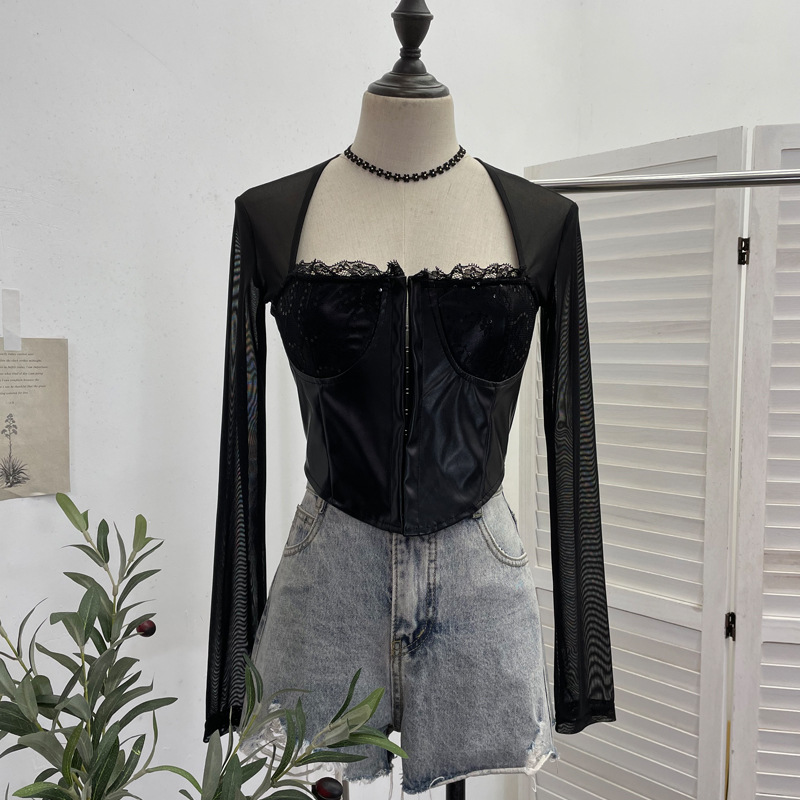 Mixed Material Square Neck Full Sleeve T-shirt