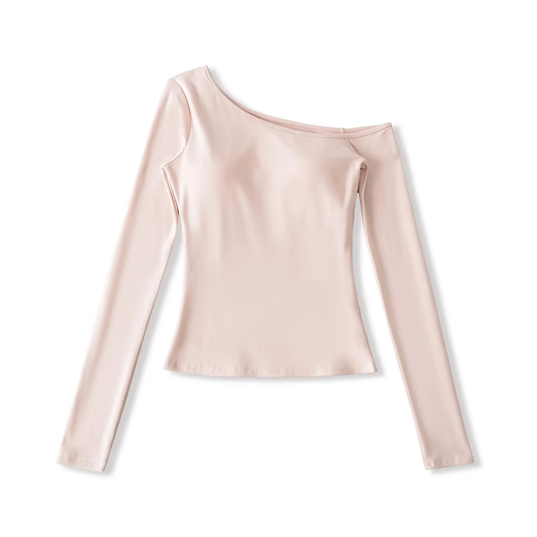 Slim Fit Wrist-Length Plain Slant-Neck Bra-Cup Blouse