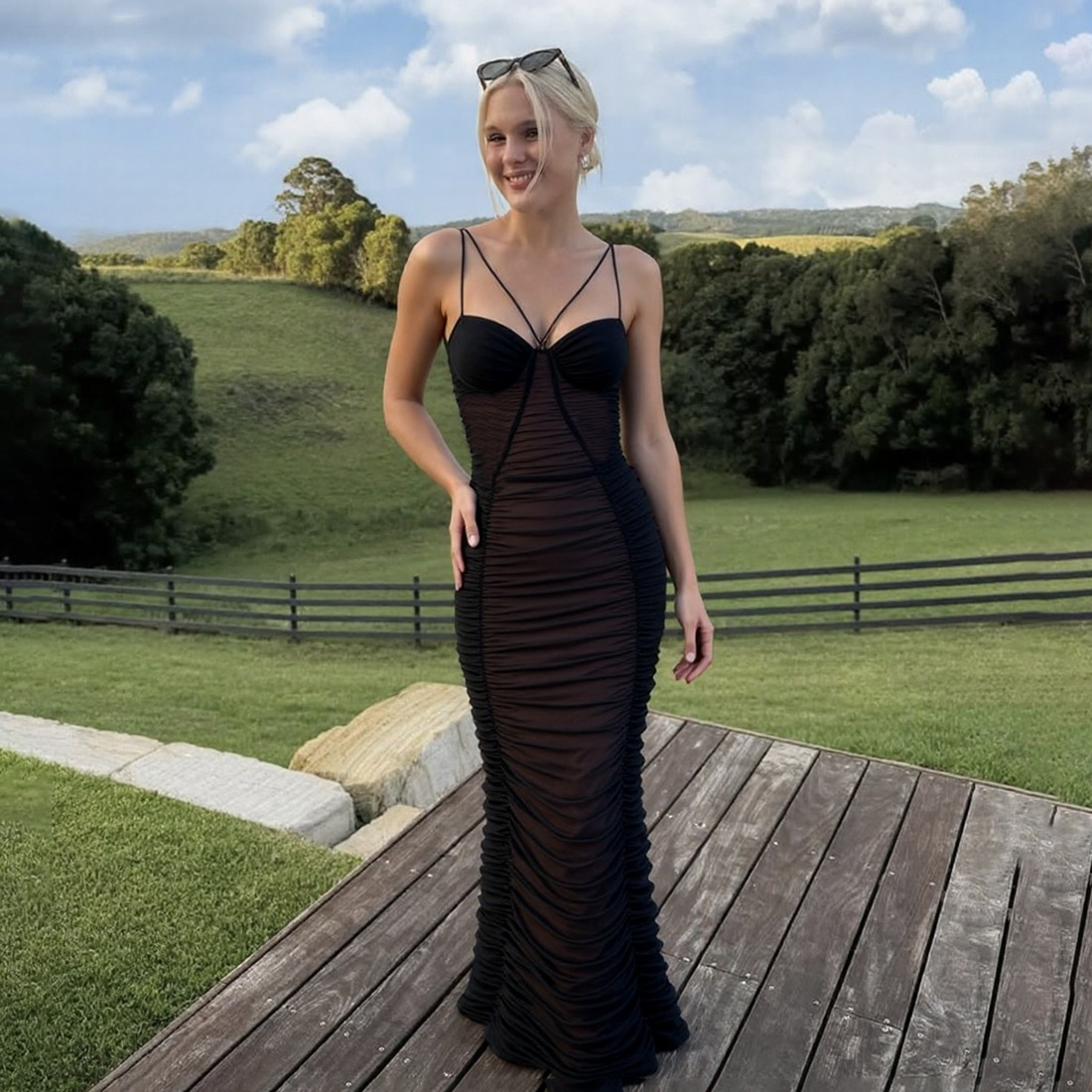 Plunging Sleeveless Spaghetti Strap Fluted Open Back Dress