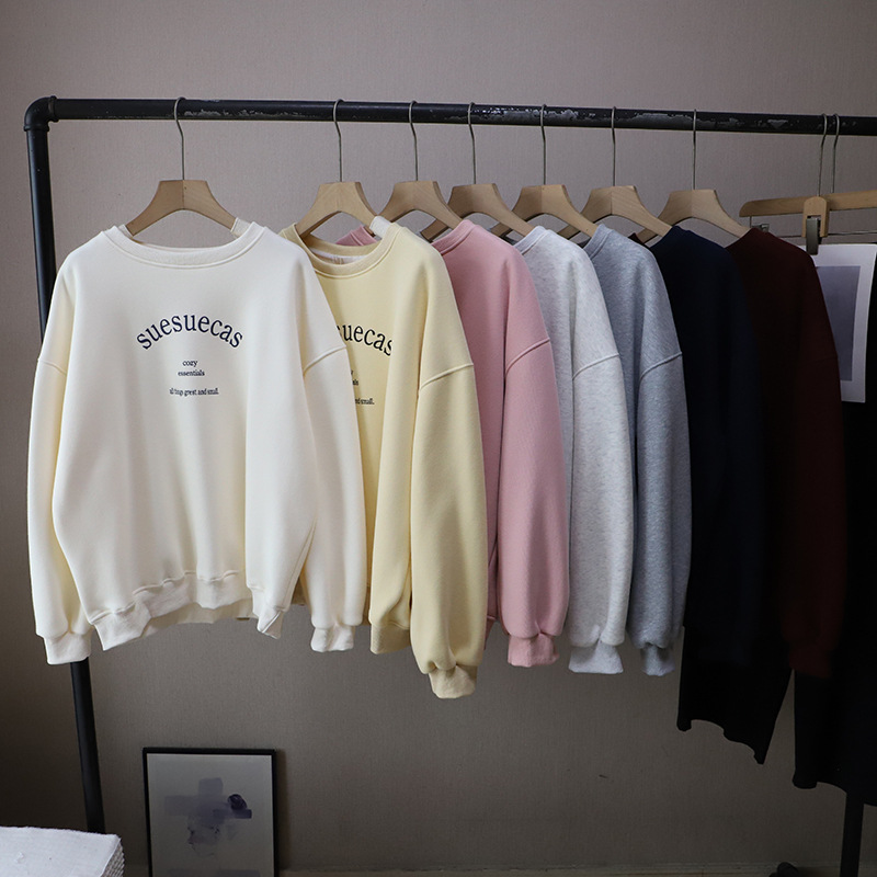 Casual Loose Fleece Lined Hoodie with Letter Print Round Neck Style Women's Sweatshirt