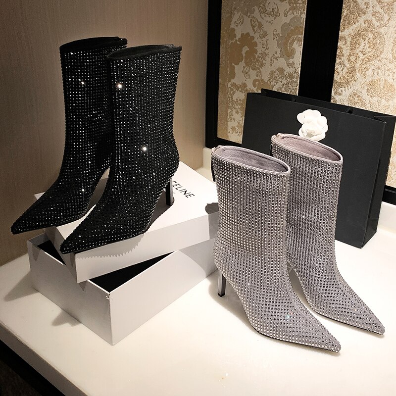 Women's Rhinestone High Heel Booties Fall New Pointed Toe Mid Boots 8.5cm High Heel Black Rhinestone Side Zipper Boots Size 39