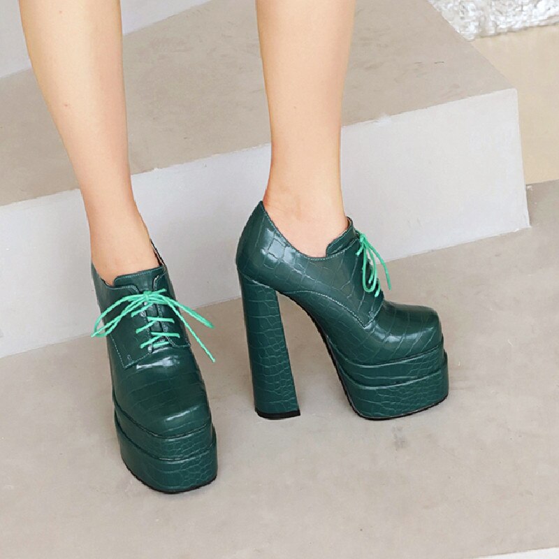 Women Pumps Brand Fashion New Square Toe Platform Thick High Heels Lace-Up Shoes Party Office Ladies