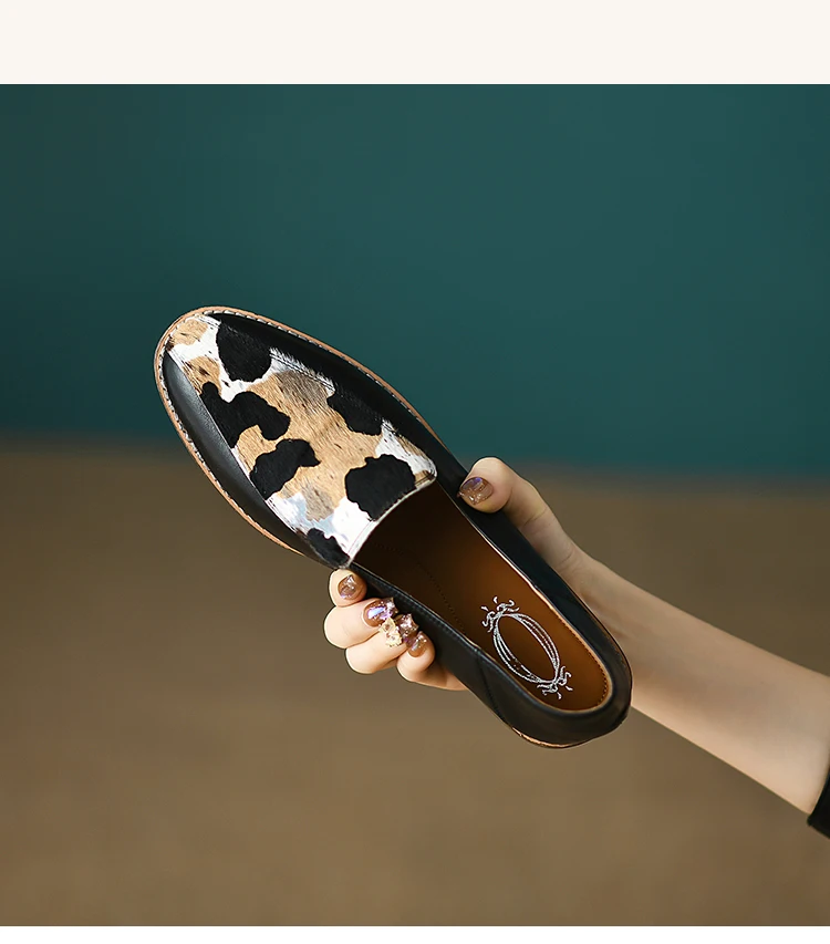 new Spring women pumps natural leather 22-24.5cm horsehair+cowhide mixed color loafers Leopard pattern women shoes